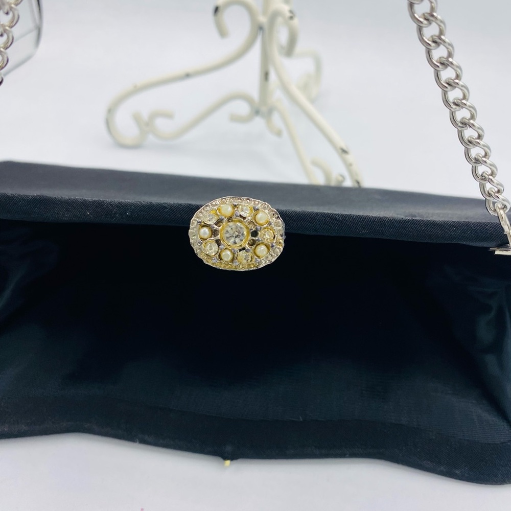Vintage Elegant Black Fabric Clutch With Silver Tone Chain With Jeweled Clasp - Picture 4 of 12